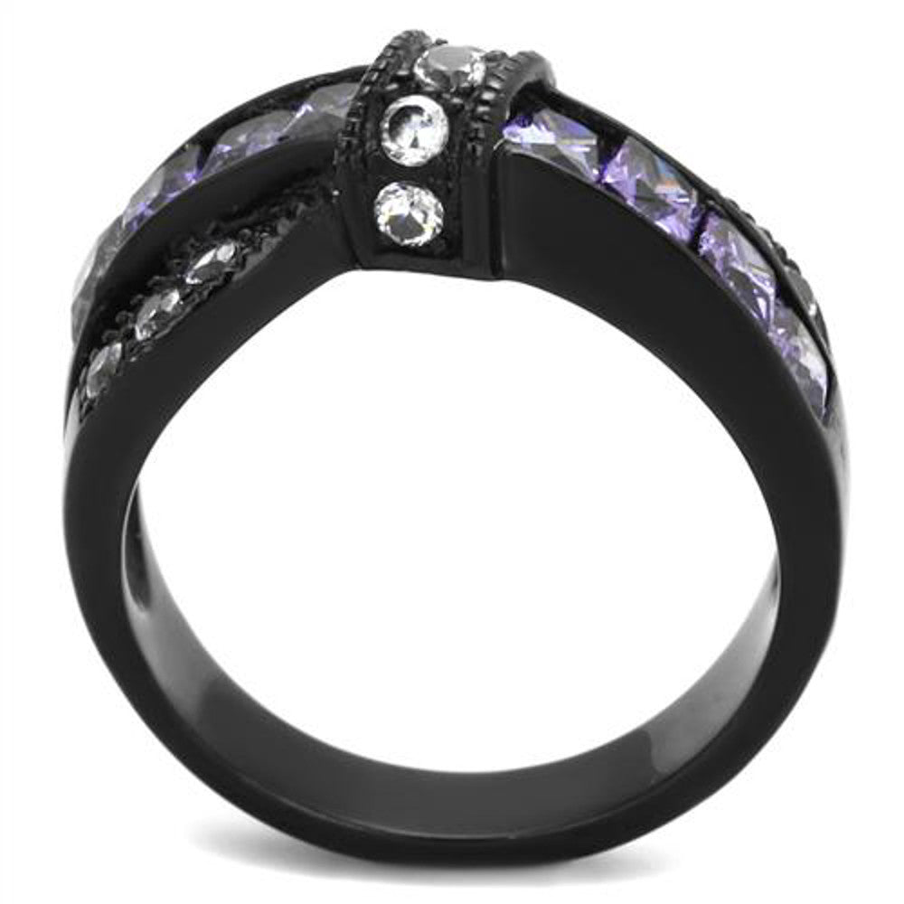 ARTK2140 Stainless Steel 1.75 Ct Amethyst & Clear Zirconia Black Fashion Ring Size 5-10
